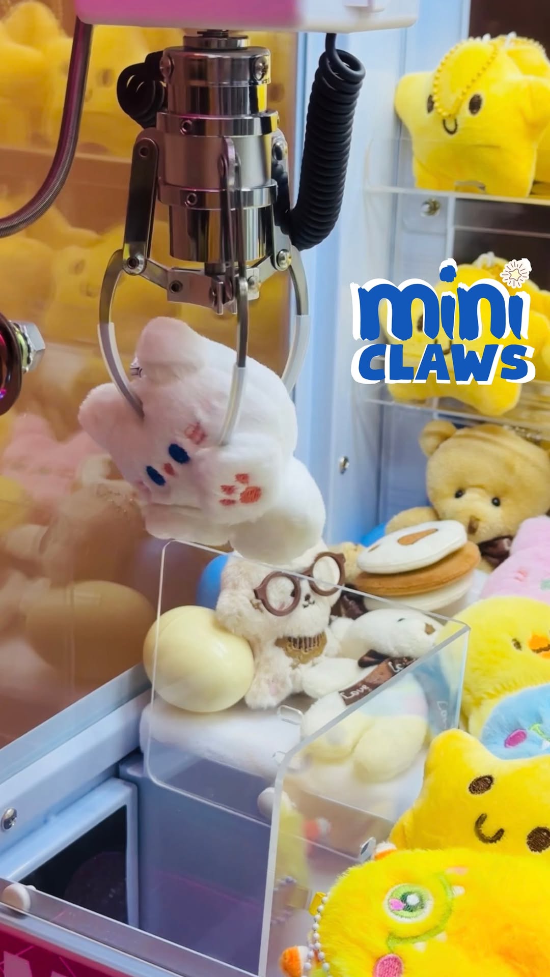 A plush prize caught by a Mini Claws machine